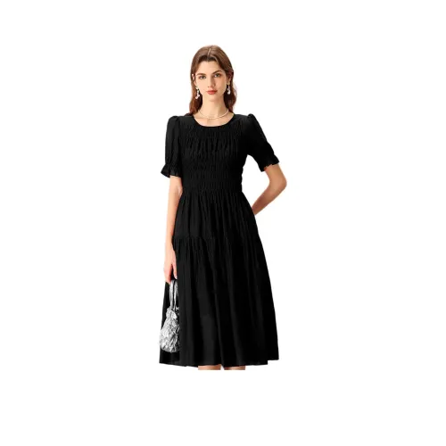 FENHONGMALI Короткий рукав Платье Женское Графитовый черный