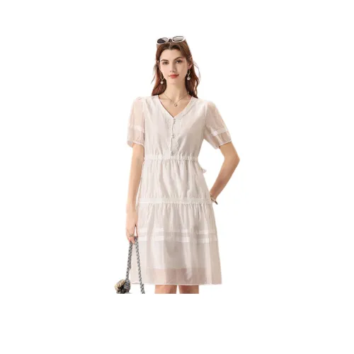 FENHONGMALI Короткий рукав платье женский белый