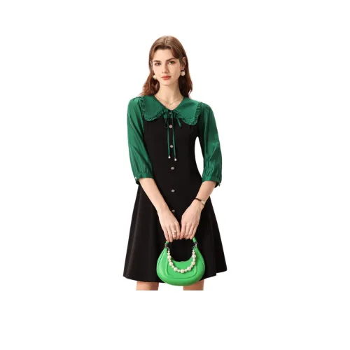 FENHONGMALI Длинное платье с длинными рукавами женское зеленое