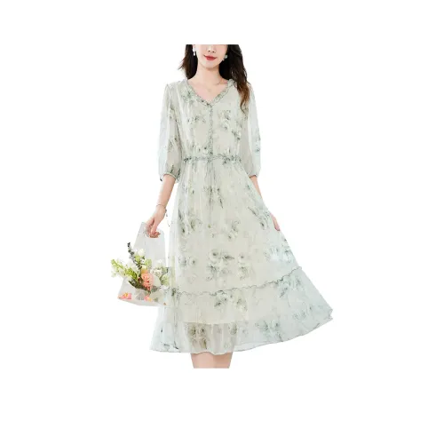 Длинное платье с длинными рукавами женское зеленое