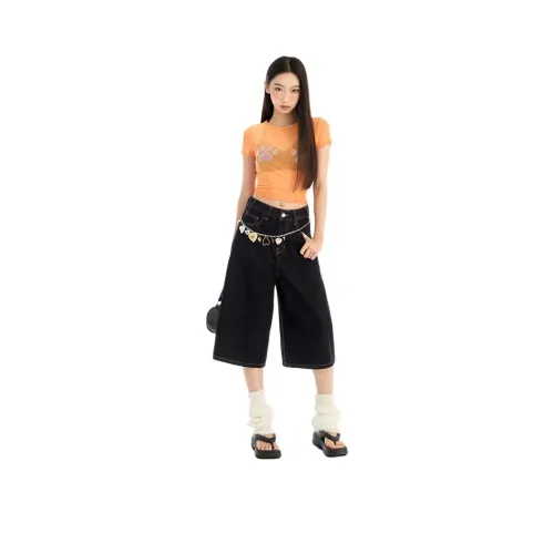 Wen Shan Темно-синие Штаны капри Женские Джинсовые шорты