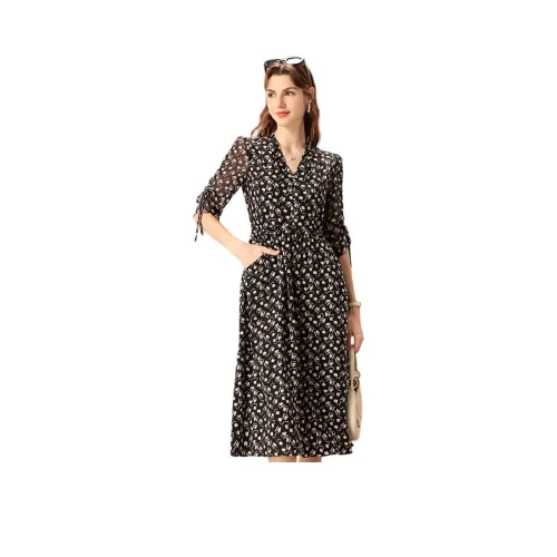 FENHONGMALI Длинное платье с длинными рукавами женское абрикосового цвета