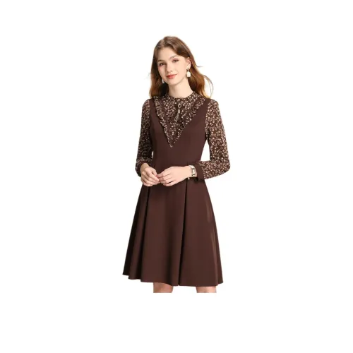 FENHONGMALI Длинное платье с длинными рукавами женское янтарно-кофейного цвета