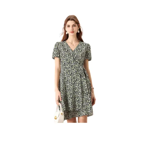 FENHONGMALI Короткий рукав Платье Женское Зеленое