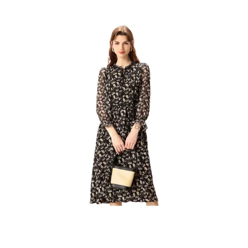 FENHONGMALI Длинное платье с длинными рукавами женское черное с белым