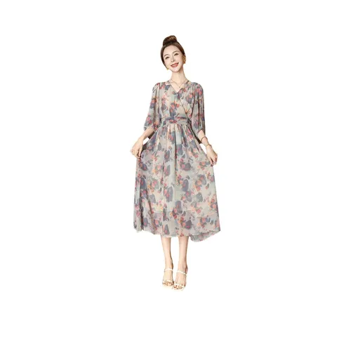 Cypress House Длинное платье с длинными рукавами женское розовый и с голубым цветком