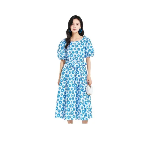 VILAN SS24 Короткое платье с короткими рукавами женское цветочный узор синий