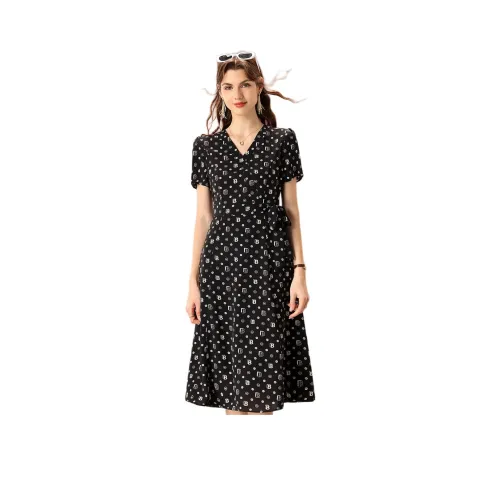 FENHONGMALI Короткий рукав Платье Женское Черное