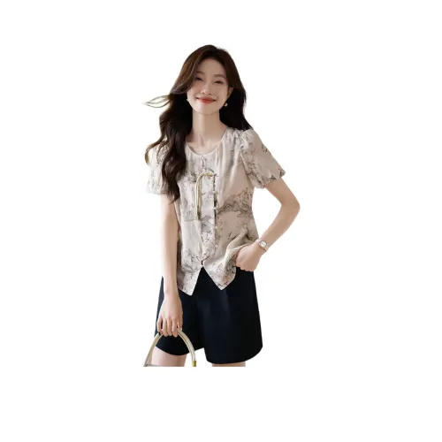 Mo Han Yi Mei Рубашка Женская Бежевая с Черными Цветами