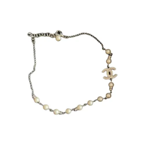 CHANEL Double C Металл Искусственный жемчуг Стразы Ожерелья Женское Серебро