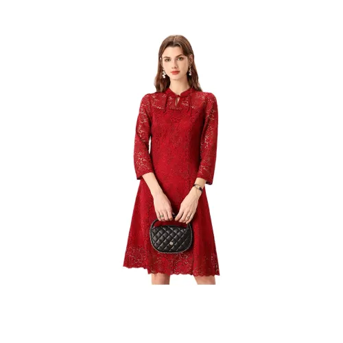 FENHONGMALI Длинное платье с длинными рукавами женское красное