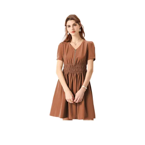 FENHONGMALI Короткий рукав Платье Женское Curry Зеленый