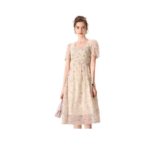 FENHONGMALI Короткий рукав Платье Женское Фиолетовое Цветочное