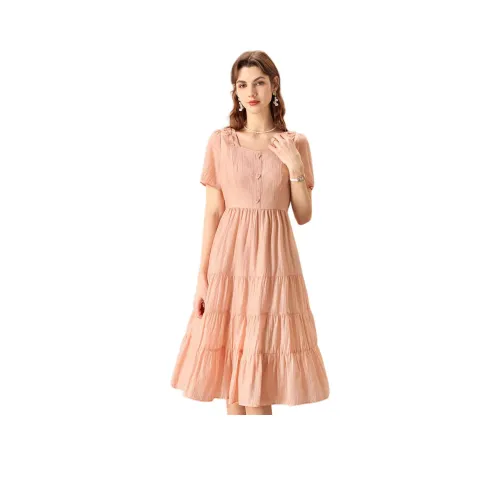 FENHONGMALI Короткий рукав Платье Женское Оранжевое Розовое