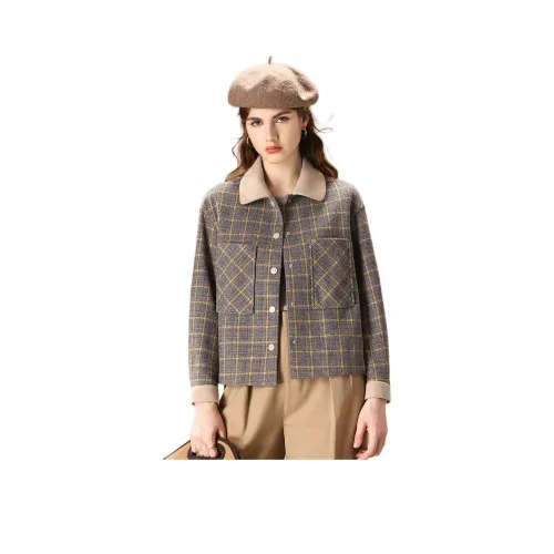 FENHONGMALI Куртки Пальто Женские Желтая Клетка