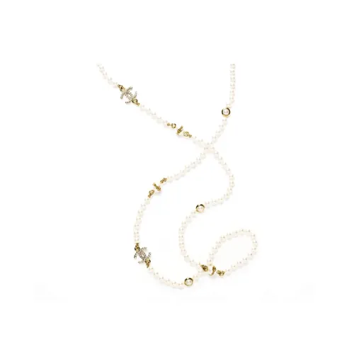 CHANEL 23k Металл Глазурованный жемчуг Искусственный жемчуг Стразы Crystal Necklaces Женские Белые