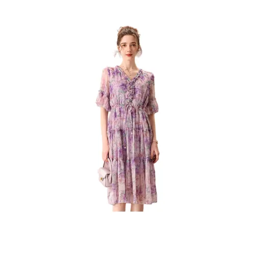 FENHONGMALI Короткий рукав Платье Женское Фиолетовое Цветочное