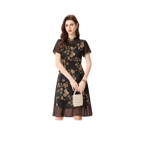 FENHONGMALI Короткий рукав Платье Женское Черное с Желтой цветочной