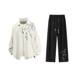 Экрю Длинный рукав Рубашка + Черные Штаны