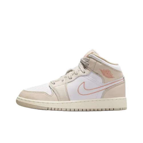 Jordan Air Jordan 1 Устойчивый к истиранию MID Топ Детские Скейтбординги Светло-коричневый Белый Подростки