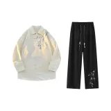 Экрю Длинный рукав Рубашка + Черные Штаны