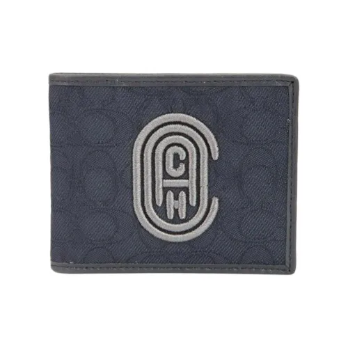 COACH Billfold Wallet Жаккардовая ткань с телячьей кожей держатель для карт кошелек Мужской Темно-синий и Серый