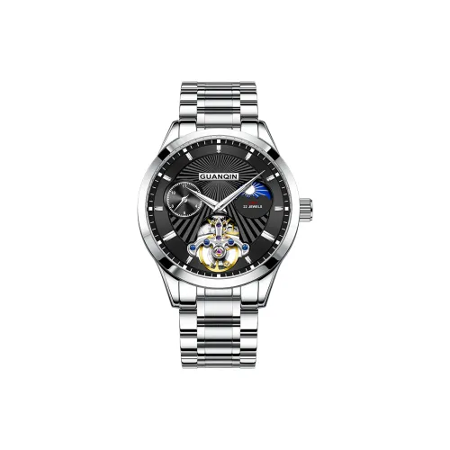 GUANQIN Автоматический Механический Механизм Нержавеющая Сталь Ремешок Часы Мужские Черный Циферблат