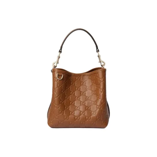 GUCCI GG Emblem Кожаная Сумка-ведро Сумка через плечо Маленькая Женская Коричневая
