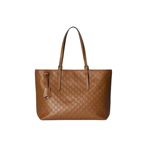 GUCCI GG Emblem Кожа Тоут Сумка Сумка для покупок Сумка Большая Женская Коричневая
