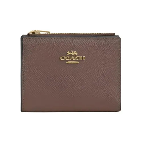 COACH Бифолд Крестообразная текстура Кожа Кошелек Обычный Унисекс Золотой Золотой Каменный цвет