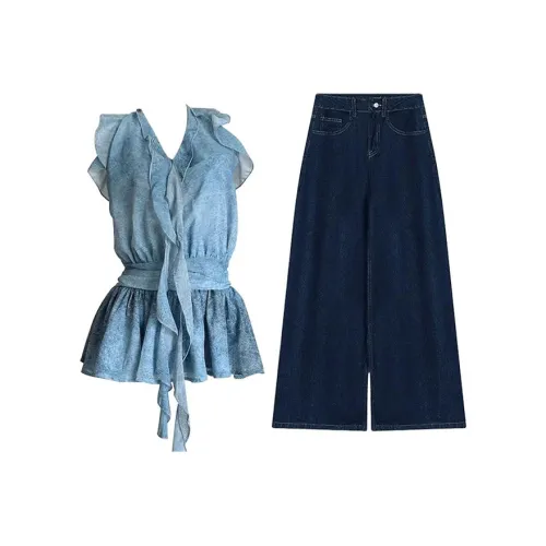 MARIE·COCO Светло-синий топ + брюки женские повседневные костюмы