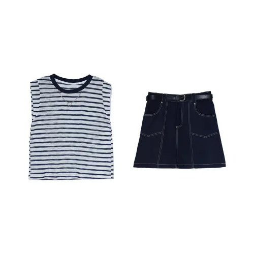 Wen Shan Корейский стиль STRIPES SHORT Sleeved + Синий деним Короткие юбки Женские Повседневные костюмы