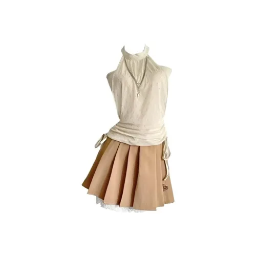 HUINIAN Бежевый Топ + Коричневая Короткая Юбка Женские Комплекты с Юбкой