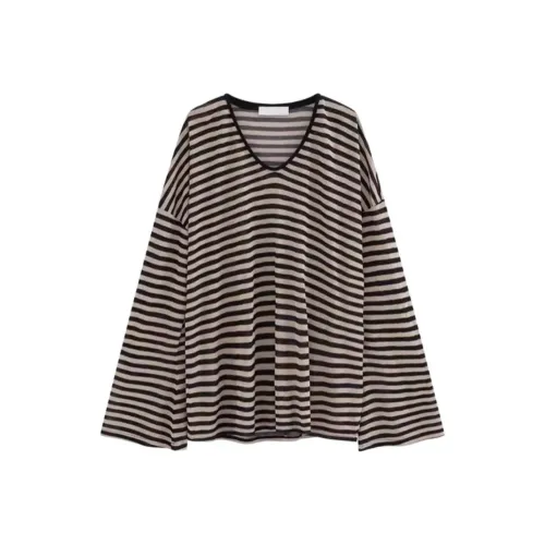 IUNOP Свободный крой U-образный вырез Длинный рукав Тонкая футболка Верхняя одежда Топ Женский