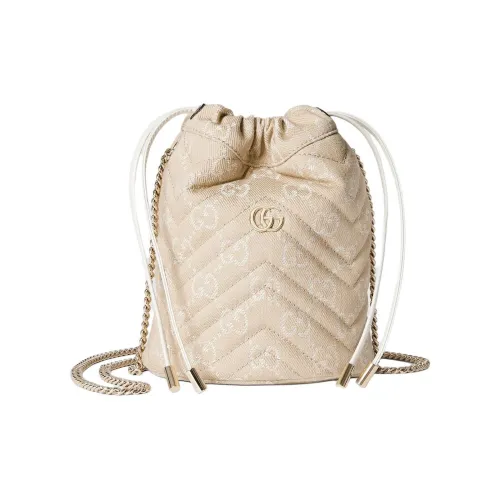 GUCCI GG Marmont Denim Ведрообразная Сумка Плечевая Сумка Маленькая Женская Тауповая и Белая