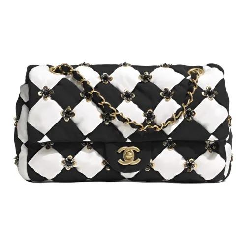 CHANEL Silk Glitter Pearl Flap Bag Crossbody Bag Women's Black White