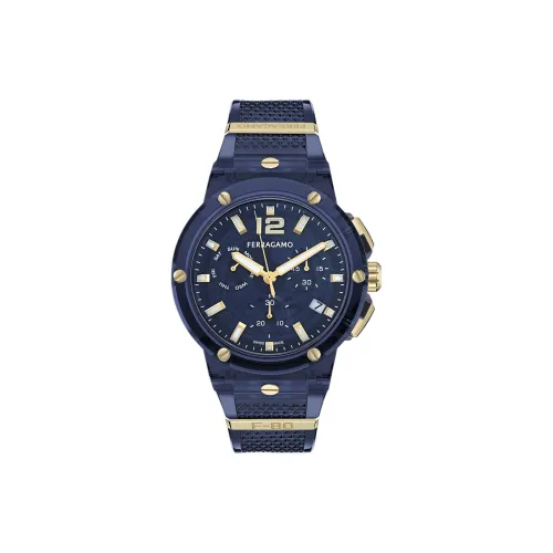 FERRAGAMO Наручные часы Кварцевый механизм Переработанный ПУ (полиуретан) Ремешок 44 мм Синий циферблат Мужские часы