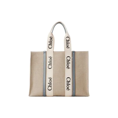 Chloe Woody Linen Canvas Calfskin Детали Canvas Tote Bag Shopping Bag Large Women's Beige Blue