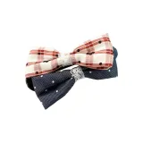 Джинсовая ткань, синий + красный, двойной бант, заколка «утка»