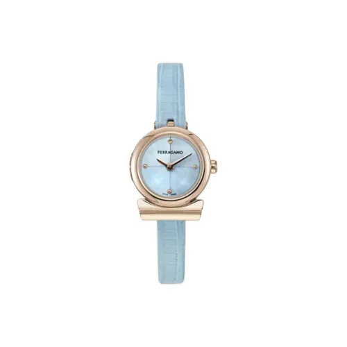 Ferragamo Женские часы Кварцевый механизм Коровья кожа Ремешок 22,5 мм Синий циферблат