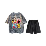 [Одежда Комплекты] Серый Футболка + Черные Повседневные Шорты