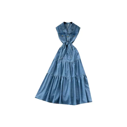 KKX Джинсовый синий Женские Платья без рукавов