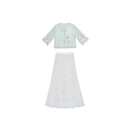 Huan Feather Светло-зеленый топ + белая юбка унисекс Ханьфу