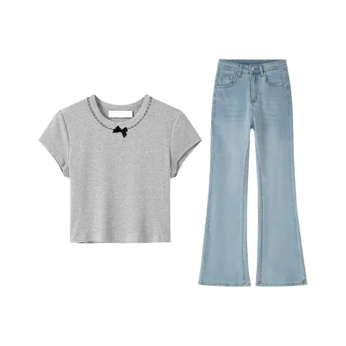 MARIE·COCO Серый T Рубашка Топ + Джинсы Женские Повседневные Костюмы