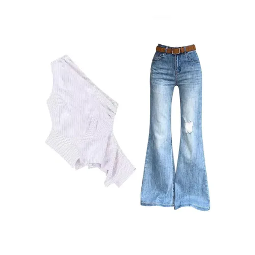 MARIE·COCO Асимметричный топ с одним плечом + джинсы, женские повседневные костюмы