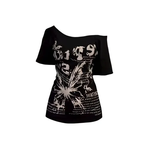 THREE Большой размер Слегка изогнутый мм Американская горячая девушка С принтом буквы Асимметричное плечо Короткий рукав Т-рубашка Женская