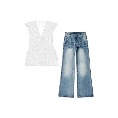 MARIE·COCO Белый топ + Джинсы Женские Повседневные костюмы