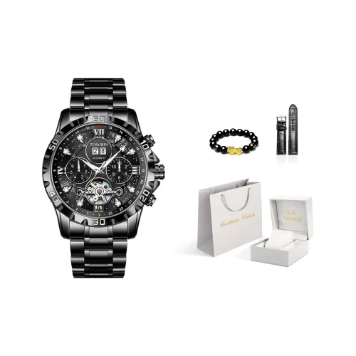 TINAIBIN Автоматический механический механизм стальной ремешок мужские часы черный циферблат