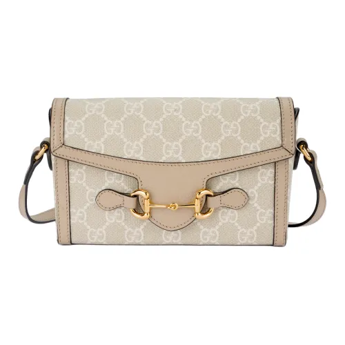 GUCCI Horsebit 1955 Холст с кожей Комбинированный Сумка для коробок Сумка через плечо Мини Женские Бежевый Белый