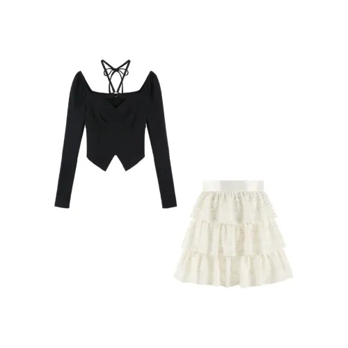 MISSHONEY MH Черный Трикотажная ткань Топ + Абрикос Юбка Женские Комплекты с юбкой